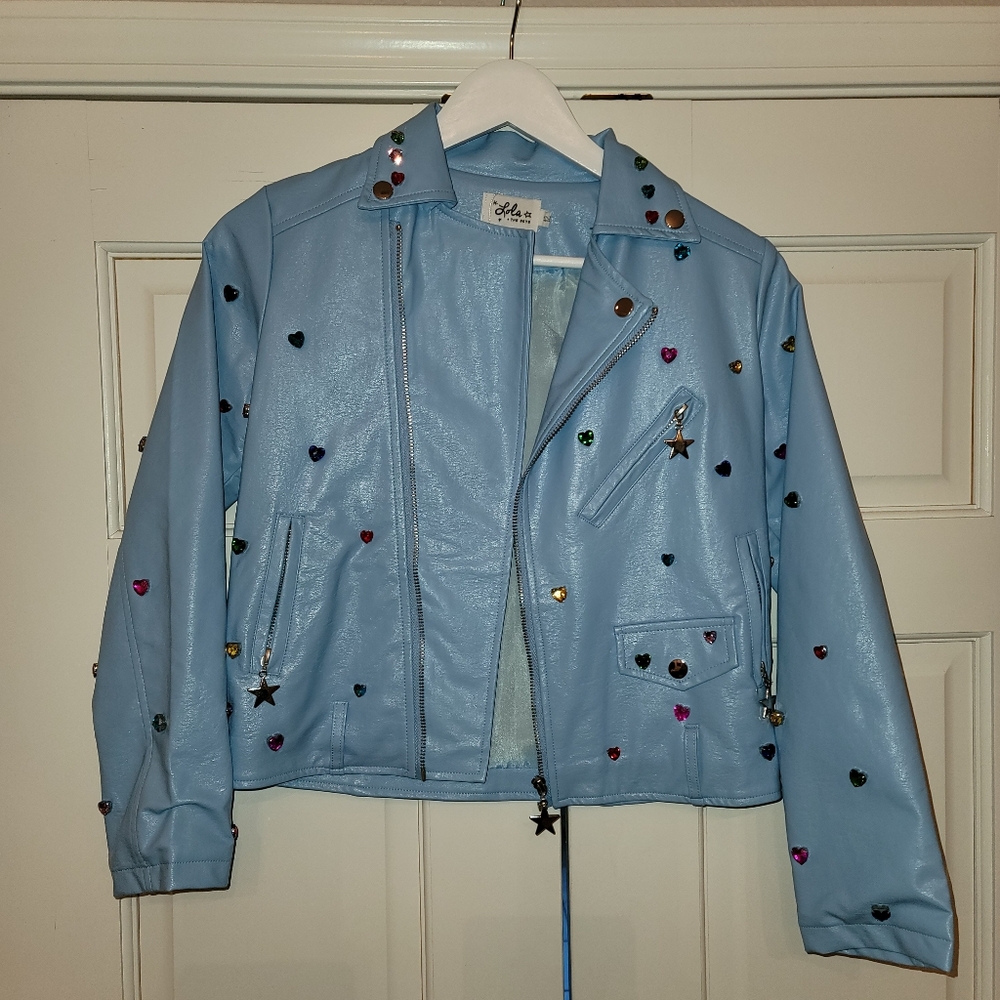Blue Faux Leather Gem Studded Jacket with Heart and Star Accents 12